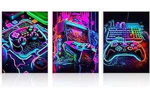 Dazzlewall Ensemble de 3 Œuvres Murales de Style Néon sur le Thème du Jeu Vidéo Manettes de Jeu, Posters Décoratifs pour Chambre d'Adolescent Garçon ou Salle de Jeux Vidéo 30x40 cm Sans Cadre