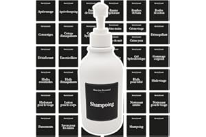 FEBIO Étiquettes Bien-être Personnel Noires Francais, imperméable et Lavable/Autocollant Salle de Bain Resistant a l'eau, Organisateur Salle de Bain Rangement, Etiquette shampoing Gel Douche