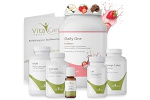 ‎VITACARE VitaCare 21-Tage Stoffwechsel-Kur Erdbeere, 7-teiliges Komplettpaket für HCG-Diät mit Proteinshake, MSM, Multivitamin, Omega 3 plus, OPC & Globuli