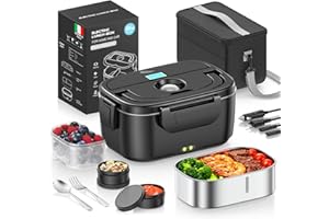 YEEFON Scaldavivande Elettrico Portatile 80W, 1,5L Porta Pranzo Riscaldabile In Acciaio Inox, 3 in 1 Lunch Box Elettrico Portatile Scaldavivande, per Auto Camion e Ufficio 12V/24V/220V, Borse