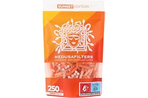 ‎MEDUSAFILTERS Medusafilters 250 Stück 6mm Ø Slim Premium Aktivkohlefilter mit veganen Fasercaps & Kokos Aktivkohle | Filter mit 25mm Länge made in Germany (SUNSET EDTITION)