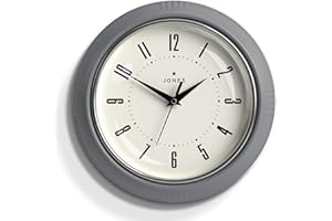 Zegar ścienny Jones Clocks® Round Retro – The Ketchup Round Clock – Łatwe do odczytania liczby, idealny jako zegar kuchenny, zegar biurowy, zegar do salonu. Zegar retro 25cm (Szary)