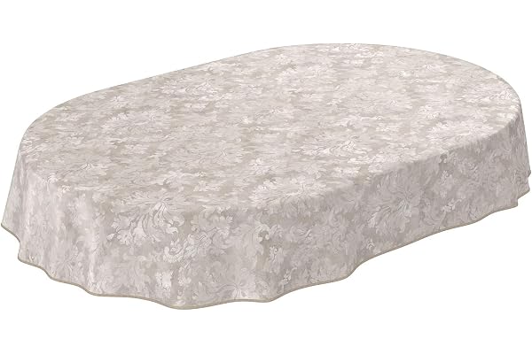 Nappe en Toile cirée Lavable pour Le Jardin, de Forme Ronde, Ovale ou rectangulaire, pour l'intérieur et l'extérieur, Motif Baroque vrillé, Beige-Gris Clair, Ovale, 200 x 140 cm, avec Ourlet, Bordure