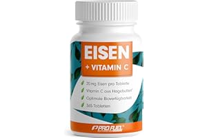 ‎PROFUEL Eisentabletten hochdosiert 365x mit 20 mg Eisen + Vitamin C (20mg) aus Hagebutten - bioverfügbares Eisenbisglycinat + natürliches Vitamin C aus Hagebutten-Extrakt - laborgeprüft mit Zertifikat