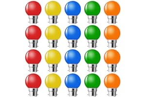 MZYOYO Bayonet Coloured Light Bulb,B22 LED Bulbs G45 1W,Multicolor,Equivalent 5W, Red, Yellow, Blue, Green, Orange,Decoration for Outdoor Indoor String,Party,Wedding,Christmas,Pack of 20