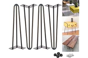 DICN 16 inch Metal Table Legs 40cm Black Steel Hairpin Table Leg 3 Rod Mid 41cm Century Modern Furniture Industrial Style for Side Table Bench DIY Furniture, with Protector Feet & Screws (Set of 4)