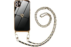 Pnakqil Funda con Cuerda para Apple iPhone 12 6,1", Amor Corazón Patrón Galvanoplastia Carcasa, TPU Silicona Case con Collar Correa de Cuello Cordón Cadena de Metal Antigolpes Fundas, Negro