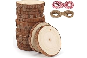 TAIKOUL 15PCS Dischetti Legno Grezzo 6-7cm Dischi Legno Grezzo Legno da Decorare Dischi di Legno Naturale Fette di Legno con Corteccia Fori e Spago Per la Decorazione di Nozze Decorazioni Natalizie