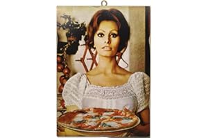 KUSTOM ART Quadro Quadretto Stile Vintage Attori Famosi "Sofia Loren" Che Serve La Pizza. Stampa Su Legno Per Arredamento Ristorante Pizzeria Bar Albergo 25x18 cm.