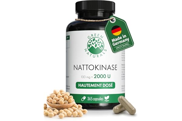 Green Naturals® Nattokinase (20 000 FU/g) – 365 gélules – Hautement dosé 100 mg avec 2 000 FU par gélule – Qualité supérieure en provenance d’Allemagne – Approvisionnement 1 an