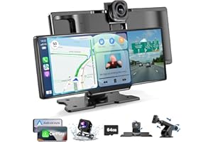 Alpinetech Wireless Carplay Display & Android Auto Display: 10,26 Zoll Tragbares Autoradio mit 4K Dashcam Vorne Rückfahrkamera Siri Bluetooth Mirror Link AUX FM SD-Karte für All Vehicles