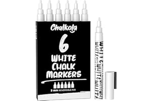 Chalkola White Chalk Pens - White Dry Erase Liquid Chalk Pens for Chalkboard, Blackboard, Window, Bistro, Car Glass, Board, Signs - 3mm Reversible Bullet & Chisel Point