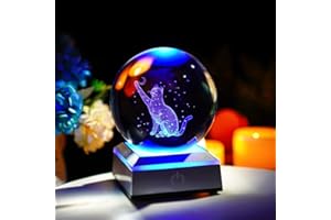 ZEERSHEE 80mm 3D Glass Laser Etched Cat Crystal Ball with LED Base Cat Figurines Crystal Ball Collectibles Night Light Paperweights Gifts for Cat Lovers Women