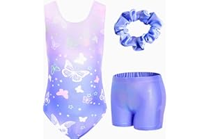 JiAmy Gymnastics Leotards for Girls with Shorts Set, 3Pcs Kids Gymnastics Athletic Outfit, Sleeveless Ballet Dancewear for Kids 3-12 Years