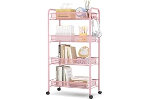 APEXCHASER 4-Tier Rolling Cart,Easy Assemble Mobile Storage Trolley On Wheels,Slide Out Utility Cart Shelving Units Kitchen Bathroom Laundry Room,Pink