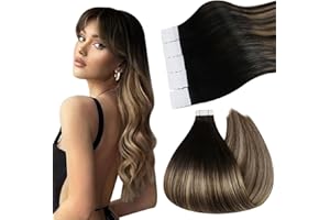 Ugeat Extension Adesive Capelli Veri,Extension Biadesive Capelli Veri Remy 30cm Extension Tape in Capelli Veri Balayage Nero Naturale con Marrone Scuro a Biondo Caramello (30G/20PCS)
