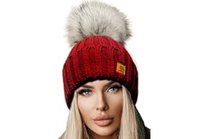 4SOLD 4sodl Winter capc for Women UK Ladies Warm Chunky Rita Hats Cable Knit Beanie Hat with Faux Fur Pom Pom Bobble Made in EU Cap Slouchy Winter Hats for Women