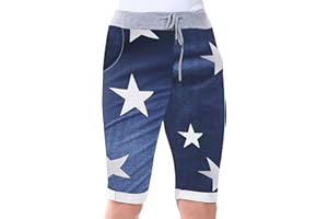 Love My Fashions® Women's Italian Shorts Ladies Summer Cotton Turn-Up 3/4 Cropped Printed Trousers Elasticated Drawstring Knee-Length Denim Magic Shorts