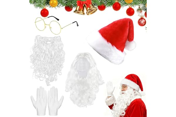 Perruque et Barbe Père Noël, 5 Pièces Accessoires de Cosplay Père Noël, Barbe de Père Noël, Perruque de Père Noël, Bonnet de Père Noël, Lunettes et Gants, Convient pour l'habillage du Père Noël