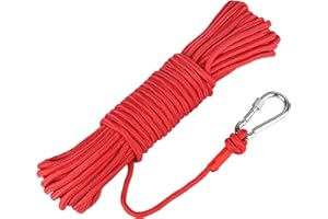 Powmag Corde de sauvetage avec mousqueton, corde en nylon haute résistance, 20 m, diamètre 8 mm, corde d'amarrage, tricot, corde tressée, camping, randonnée, pêche (corde rouge)