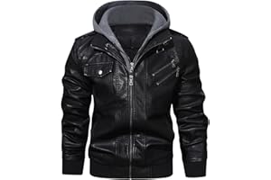HOOD CREW Chaqueta de Hombres Cuero Sintético Moda Casual Capucha Desmontable