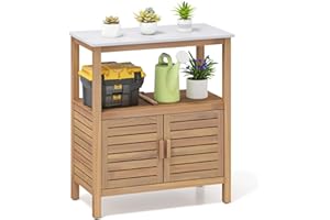 TANGZON Garden Potting Table, Solid Acacia Wood Planting Workstation with Resin Tabletop, Shelf & 2-Door Cabinet, Potting Work Bench for Garden, Balcony, Backyard, Natural