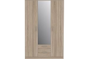 ‎FORTE FORTE NIKO Schrank 120 130, Kleiderschrank mit Spiegel, Drehtürenschrank Skandinavisch 3-türig, mit 2 Schubladen, Einlegeböden und Kleiderstange, Sonoma Eiche, 123 cm breit x 185 cm hoch x 53 cm tief
