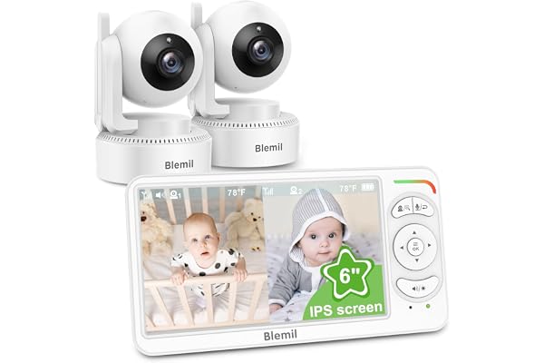 Blemil Babyphone vidéo avec 2 caméras et audio, 6 IPS grand écran divisé, télécommande panoramique/inclinable/zoom, caméra de surveillance vidéo avec vision nocturne claire et autonomie de la batterie