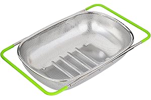 TENTA KITCHEN Extendable Over The Sink Colander(38-54cm),Stainless Steel Strainer Fine Mesh Draining Baket for Kitchen,Draining Pasta,Washing Vegetables,Rice,Fruit and Dish Storage