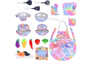 FUQUN 20Pcs Matschküche Zubehör Outdoor, Küchenspielzeug Zubehör Kinderküche Kochgeschirr Edelstahl Pfannenset Schürze und Kochmütze für Gemüse Pretend Spielzeug Rollenspiele Mädchen und Jungen