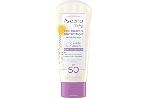 Aveeno Baby Continuous Protection Zinc Oxide Mineral Sunscreen Lotion With Broad Spectrum SPF 50, Sweat And Water Resistant, 3.0 Fl. Oz