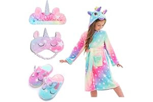 Piefry Weicher Einhorn-Bademantel mit Kapuze für Mädchen mit Einhorn-Pantoffeln, Augenbinde und Stirnband - Geschenke für Mädchen
