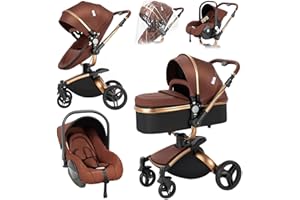 Magic ZC 360° Girevole Pelle PU Passeggino Trio, Passeggino 3 in 1 con Reversibile a Due Vie, Trio Passeggini Neonati con Accessori, Carrozzina per Neonati con Portatile Pieghevole Un Clic (906 Brown)