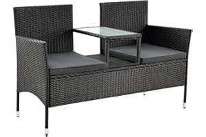 Juskys Panca da giardino Monaco in polyrattan – 2 posti con tavolo integrato e cuscini, 133×63×84 cm, resistente alle intemperie, per balcone e terrazza – nero