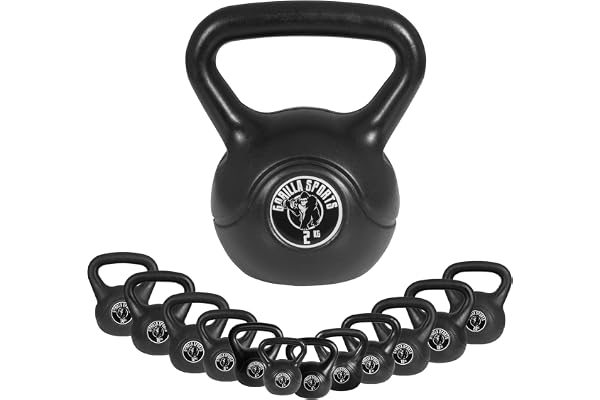 GORILLA SPORTS® Kettlebell - Poids de 2 à 20 kg, Individuel/Ensemble, avec Poignée, Plastique, Avec/Sans Support, Noir - Haltère à Boule, Bouilloire de Poids, Musculation, Entraînement, pour Fitness