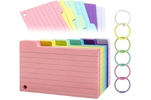 TECDW 300 Hojas Tarjetas de Índice con Rayas, 12,7 x 7,8 cm Flashcards Estudio con 6 Anillos de Hojas Sueltas, Notas de Rayadas, Fichas de Revisión para Hogar, Escuela, Oficina (6 Colores)