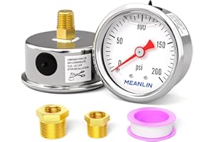 MEANLIN MEASURE 0~200Psi Stainless Steel 1/8" NPT 1.5" FACE DIAL, Glycerin Filled Pressure Gauge, Liquid Filled, Water Oil Air, Back Mount, with 1/8" x 1/4" NPT and 1/8" x 3/8" NPT Hex Bushing
