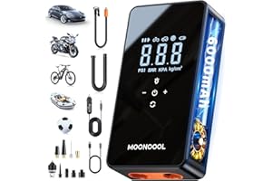 ‎MOONCOOL elektrische luftpumpe mit Doppelmotor, 150 PSI 12V Multifunktions-Luftkompressor Autoreifen Fahrradpumpe mit 6000 mAh Powerbank, Auto Off, LED für Auto, Fahrrad, Motorrad, Bälle, Schlauchboot (orange)