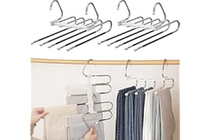 YUNLEX Trouser Hangers Space Saving, 5 In 1 Non-Slip Multifunctional Pants Rack, Stainless Steel Foldable Magical Clothes Hanger for Trousers Jeans Clothes Scarves Towels (2Pcs White)