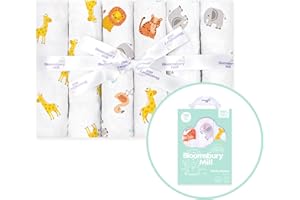 Bloomsbury Mill - Muselinas Bebe Algodon Organico - 70x70 (Paquete de 6) - 100% Algodón Orgánico Puro - Gasas para bebés - Manta Muselina Grande para Bebes Recien Nacidos – Animales de la Selva