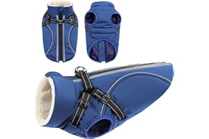 CITÉTOILE Wiatroszczelny płaszcz dla psa z uprzężą, wodoszczelny płaszcz zimowy dla małych, średnich psów, strój z odblaskowymi paskami i zamkiem błyskawicznym, niebieski, S