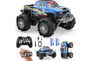 DEERC Monster Truck/Bateau amphibie télécommandé, Voiture télécommandée étanche IPX7 avec contrôle gestuel, 2,4 GHz 4 Roues motrices, Rotation à 360°, éclairage LED, Jouet pour Enfants (Bleu)
