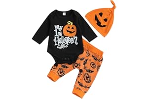 PanLidapan My 1st Halloween Baby Boy Outfit Clothes Pumpkin Print Long Sleeve Romper Top Elasticated Waist Trouser Hat 3Pcs Set