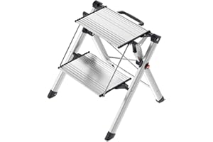 Hailo MK80 ComfortLine Alu-Klapptritt-Leiter - 2 große Stufen bis 150 kg - Komfort-Trittleiter mit Tragegriff mit integrierter Entriegelungsfunktion - Füße mit Soft-Grip-Sohle - rostfrei - Silber