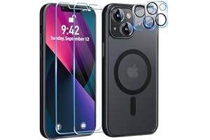 YisrLery 5 in 1 Coque pour iPhone 13 Aimantée avec 2 Verres Trempés et 2 Caméra Protecteur Compatible MagSafe Dos Anti Rayures Coque Magnétique Antichoc TPU Bumper 6,1’’ Case - Noir
