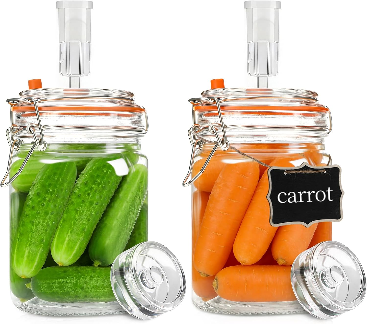 Rlssaki 2 Piezas Tarros de Fermentación con Cierre de Aire,750ml Fermentadora con Pesos, Tarros de Cristal con Tapa Hermética, Vasos de Cristal Transparente, para Kimchi, Kombucha y Encurtidos