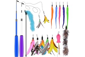 GOHHME 15 PCS Giochi con Piume per Gatti, Giochi con Piume Interattivi per Gatti con 2 Pezzi Bacchetta Interattiva Retrattabile con 13 Piuma Ricariche, Giocattoli Interattivo per Gatti