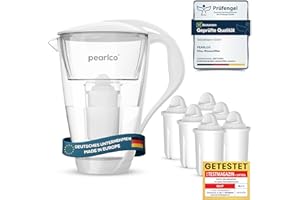 ‎PEARLCO PearlCo Glas-Wasserfilter (weiß) Glaskanne mit 6 Classic Filterkartuschen – Reduzierung von Kalk & Schwermetall – Schützt Geräte – Besserer Geschmack von Kaffee & Tee – Made in EU