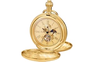 Tiong Reloj de Bolsillo mecánico de Doble Cubierta para Hombre, Reloj de Bolsillo mecánico de Cadena de Esfera con diseño de luz de Luna Romana, Caja para Hombre