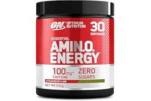 Optimum Nutrition Amino Energy Pre Workout en poudre, boisson énergisante avec acides aminés, BCAA, L-Glutamine et L-Leucine, complément vitamine C caféine, goût Fraise-Citron vert, 30 portions, 270 g